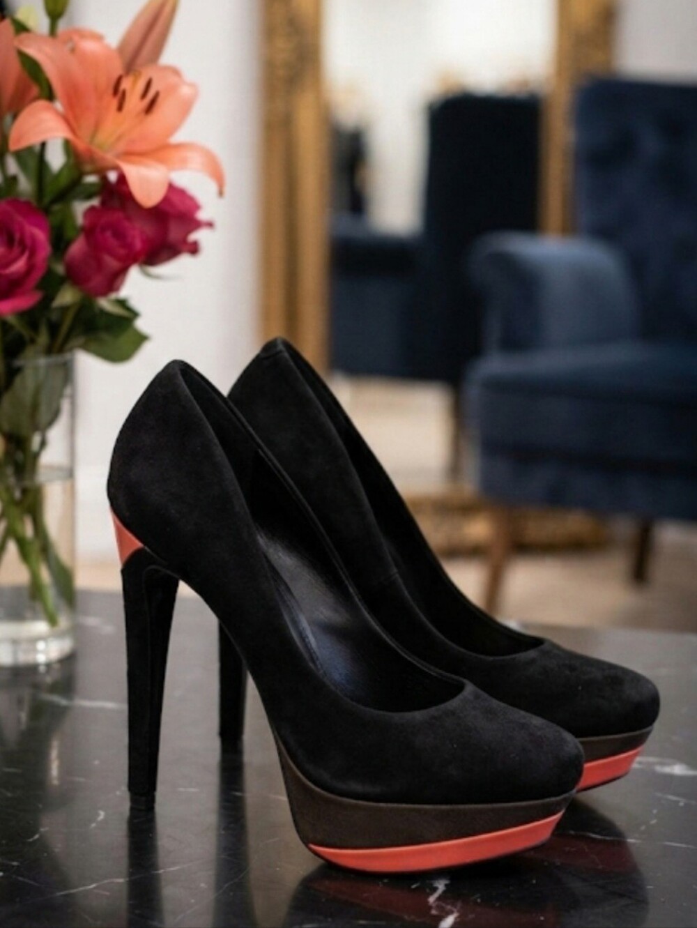 Jessica Simpson Black Suede Pumps with Coral Accents